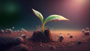 Young plant sprout broke through soil. New life allegory AI photo