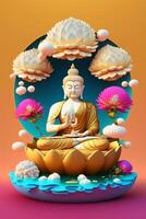 colorful buddha statue in buddhism sits on a cloud surrounded by lotus photo