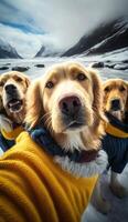 un grupo de linda dorado perdiguero perros vistiendo perro suéter generativo ai foto