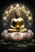 buddha in buddhism sits on a cloud surrounded by lotus photo