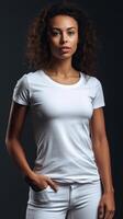 The girl model wears a white t-shirt that serves as a template for a design or mock up. illustration. photo