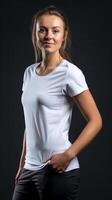 The girl model wears a white t-shirt that serves as a template for a design or mock up. illustration. photo