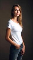 el niña modelo usa un blanco camiseta ese sirve como un modelo para un diseño o burlarse de arriba. ai generado ilustración. foto