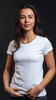 The girl model wears a white t-shirt that serves as a template for a design or mock up. illustration. photo