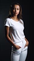 The girl model wears a white t-shirt that serves as a template for a design or mock up. illustration. photo