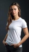 el niña modelo usa un blanco camiseta ese sirve como un modelo para un diseño o burlarse de arriba. ai generado ilustración. foto