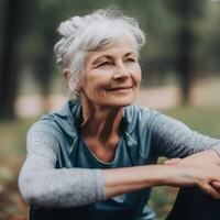 más viejo mujer actividad en naturaleza. ai generado ilustración foto