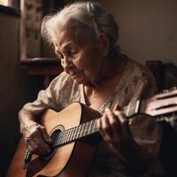 old woman playing acoustic guitar. illustration photo