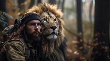 un hombre y un león en un natural ambiente como mejor amigos. ai generado ilustración foto