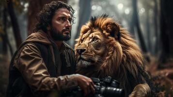 A Man and a lion in a natural environment as best friends. illustration photo