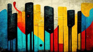 , Street art with keys and musical instruments silhouettes. Ink colorful graffiti art on a textured paper vintage background, inspired by Banksy photo