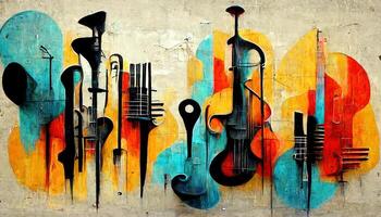 , Street art with keys and musical instruments silhouettes. Ink colorful graffiti art on a textured paper vintage background, inspired by Banksy photo