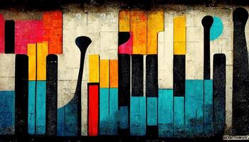 , Street art with keys and musical instruments silhouettes. Ink colorful graffiti art on a textured paper vintage background, inspired by Banksy photo