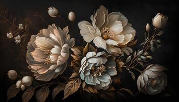 , Close up of blooming flowerbeds of amazing white and golden flowers on dark moody floral textured background. Photorealistic effect. photo