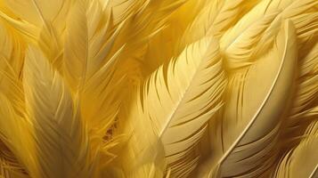 , Beautiful light yellow closeup feathers, photorealistic background. Small fluffy yellow feathers randomly scattered forming photo