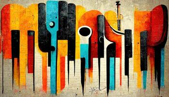 , Street art with keys and musical instruments silhouettes. Ink colorful graffiti art on a textured paper vintage background, inspired by Banksy photo