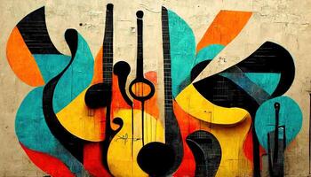 , Street art with keys and musical instruments silhouettes. Ink colorful graffiti art on a textured paper vintage background, inspired by Banksy photo