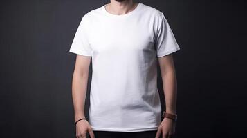 generativo ai, realista blanco camiseta burlarse de arriba blanco poner en joven hombre, copyspace para presentación publicidad. blanco negocio concepto foto