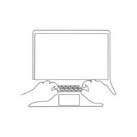 Hands typing on laptop. Continuous one line drawing. Work, study concept. Hand drawn vector illustration.