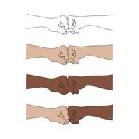 Two hands giving a fist bump. Pose and gesturing. Concept of teamwork, partnership, friendship. One line vector illustration.