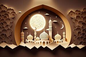 Ramadan Kareem and eid greeting card with mosque and moon in paper cut style photo