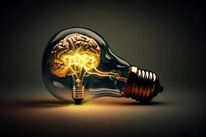 Human brain inside of light bulb on grey background. 3D rendering photo