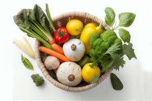 Vegetables in a basket on a white background, top view photo