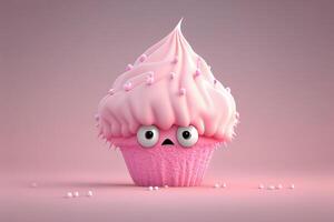 Funny cupcake with face, 3d render, pink background photo