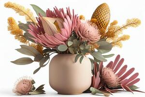 decoration with protea flowers in vase on white background photo