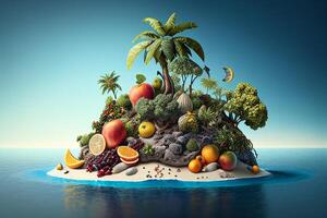 Fantasy island with fruits and vegetables. 3d illustration. Elements for design. photo