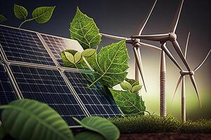 Solar panels and wind turbines. Renewable energy concept. 3D Rendering photo