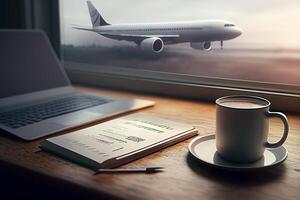 Traveling around the world concept with tablet pc and airplane on wooden table photo