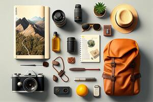 Flat lay composition with travel accessories on grey background. Top view photo