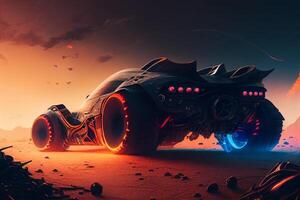 Futuristic car in the smoke. 3d rendering. Mixed media photo
