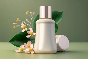 Cosmetic products on green background, 3d rendering. photo