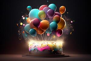 3D Birthday cake with flowers with colorful balloons, . 3d rendering photo