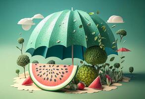 Fantasy landscape with watermelon and umbrella. summer concept, 3D illustration. photo