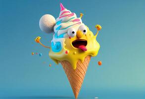 Funny ice cream character on blue background. 3D Rendering photo