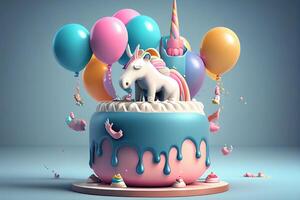 Birthday cake with unicorn and balloons. 3d render illustration. photo