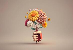 Bouquet of flowers in a hand as a gift. 3D rendering photo