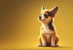 Corgi puppy sitting on yellow background. 3D rendering. photo