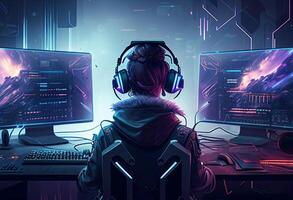 Portrait of a male gamer playing online games on a computer. Cyber sport concept. photo