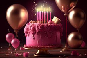 3D Birthday cake with flowers with colorful balloons, . 3d rendering photo
