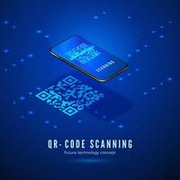 qr código escanear isométrica concepto. móvil teléfono con exploración digital código de barras en pantalla. tecnología antecedentes en azul colores. vector