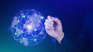 Businessman hands touching with virtual global connection concept, grow earth and global online networking connection with data exchanges, global communication network security concept. photo