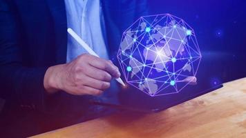 Businessman hands touching with virtual global connection concept, grow earth and global online networking connection with data exchanges, global communication network security concept. photo
