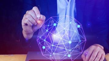 Businessman hands touching with virtual global connection concept, grow earth and global online networking connection with data exchanges, global communication network security concept. photo