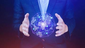 Businessman hands holding with virtual global connection concept, grow earth and global online networking connection with data exchanges, global communication network security concept. photo