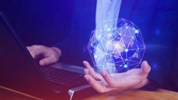 Businessman hands holding with virtual global connection concept, grow earth and global online networking connection with data exchanges, global communication network security concept. photo