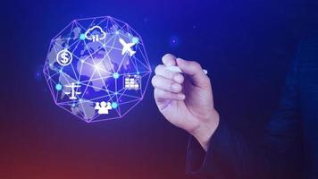 Businessman hands touching with virtual global connection concept, grow earth and global online networking connection with data exchanges, global communication network security concept. photo